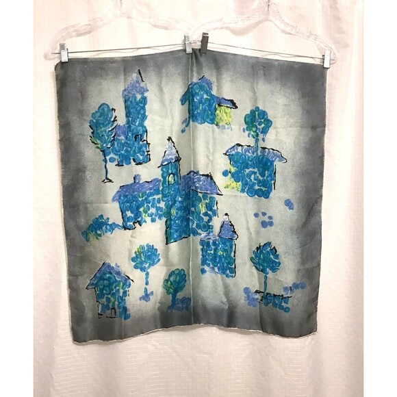 Vintage Womens Silk Scarf Gray Blue Village Motifs Church 30"x30" Square - Picture 1 of 6